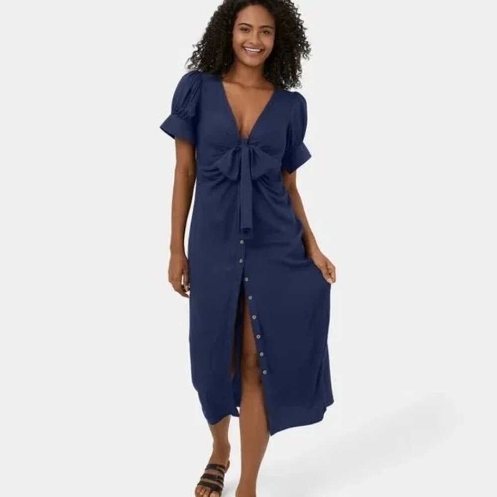 HALARA Deep V-Neck Bishop Sleeve Button Tie-Front Ruched Midi Dress Size XS NWT